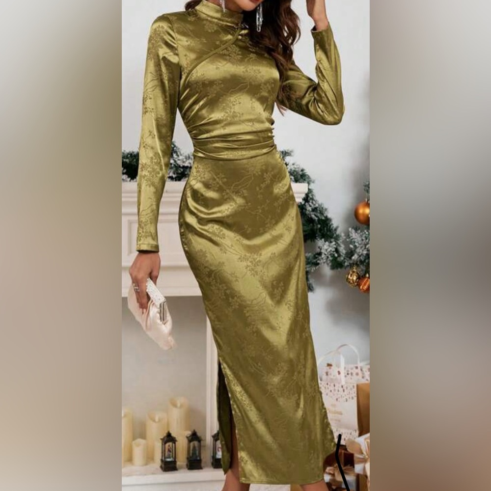 SHEIN Privé Jacquard Mock Neck Ruched Split Thigh Satin Dress